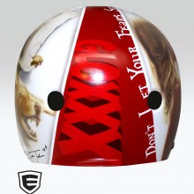 ‘Goldie Gloxxx’ Roller derby helmet designed and painted by Ian Johnson