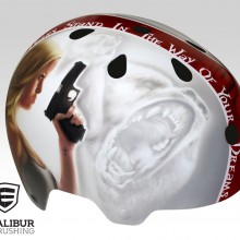 ‘Goldie Gloxxx’ Roller derby helmet designed and painted by Ian Johnson