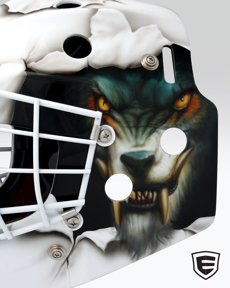 ‘Intimidation’ Goalie mask designed and airbrushed by Ian Johnson Excalibur Airbrushing