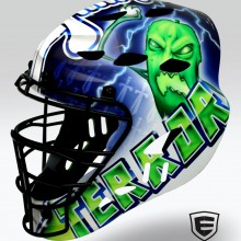 ‘Pickle Terror’ Back Catcher’s helmet designed and airbrushed by Ian Johnson