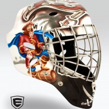 ‘We Be Comin Fer Ye Rum’ Goalie mask designed and airbrushed by Ian Johnson (Notice the hidden skull at the top of the cage)
