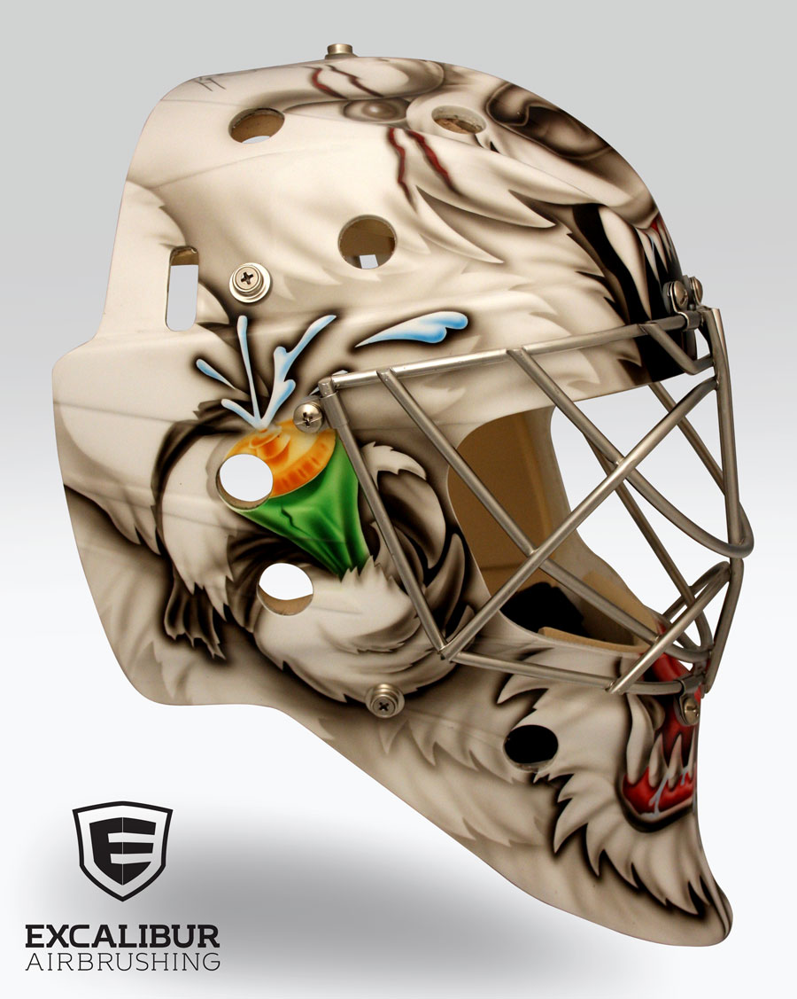 ‘Raging Bear’ Goalie mask designed and airbrushed by Ian Johnson Excalibur Airbrushing