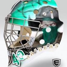 ‘Raiders’ Goalie mask designed and airbrushed by Ian Johnson for WHL goalie Nick McBride