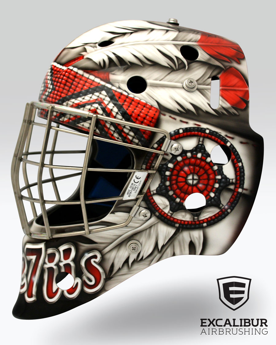 ‘Squamish Nation’ Goalie mask designed and airbrushed by Ian Johnson Excalibur Airbrushing