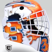 ‘Syracuse’ Goalie mask designed and airbrushed by Ian Johnson for CHA, University of Syracuse goalie, Jennifer Gilligan