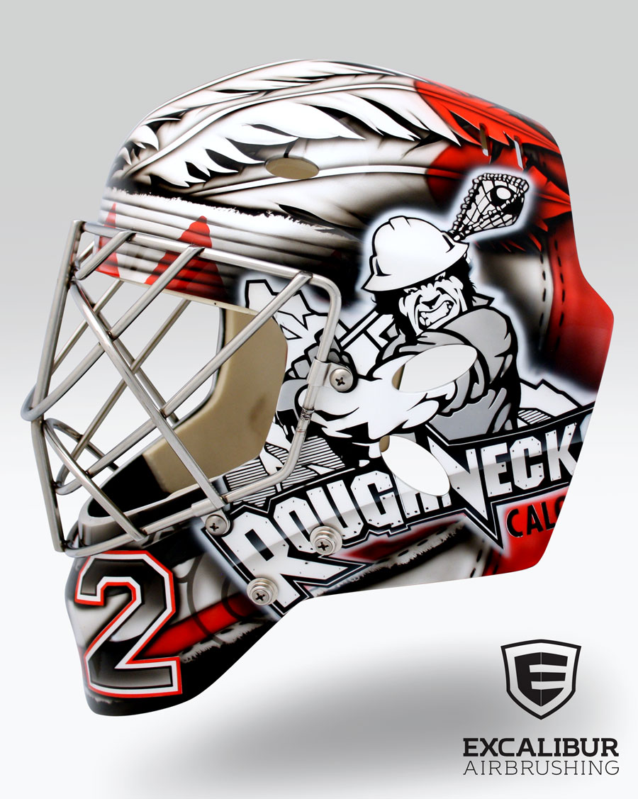 ‘Roughnecks’ Goalie mask designed and airbrushed by Ian Johnson for NLL Goalie, Frankie