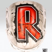 ‘Westcoast Roughnecks’ Goalie mask designed and airbrushed by Ian Johnson for NLL Calgary Roughnecks goalie, Frankie Scigliano