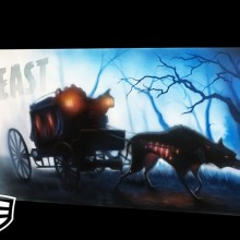 ‘The Beast’ Mustang car door and front quarter panel designed and airbrushed by Ian Johnson (for an added effect, Ian airbrushed a bit of black light paint over certain areas – it’s unnoticeable over the regular paint but shows up under black light)#ianjohnsonart #excaliburairbrushing #customairbrushing #airbrushartist #custompaintedcars #airbrushedcars #custompaintedmustang #airbrushedmustang #mustang #custommustang
