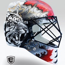 Team Canada Tokyo Olympics mask for goalkeeper Antoni Kindler, designed and airbrushed by Ian Johnson. In addition to airbrushing, this mask included pen and paint brush work to provide a Japanese ink and water colour look. #ianjohnsonart #excaliburairbrushing #tokoolympics #teamcanada #goaliemasks #customairbrushing #airbrushartist #goaliemaskpainting #maskpainting #helmetpainting #customhelmets #customairbrushedgoaliemasks