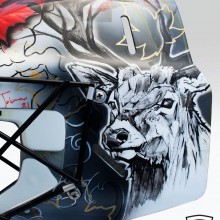 Team Canada Tokyo Olympics mask for goalkeeper Antoni Kindler, designed and airbrushed by Ian Johnson. In addition to airbrushing, this mask included pen and paint brush work to provide a Japanese ink and water colour look. #ianjohnsonart #excaliburairbrushing #tokoolympics #teamcanada #goaliemasks #customairbrushing #airbrushartist #goaliemaskpainting #maskpainting #helmetpainting #customhelmets #customairbrushedgoaliemasks